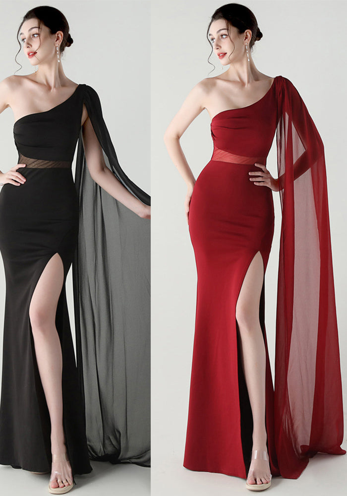 Women One Shoulder Slant Back Patchwork Mesh Formal Party Evening Dress