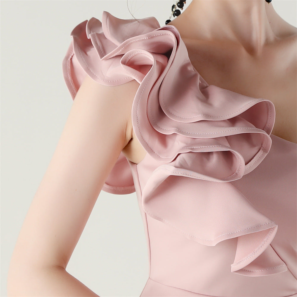 Women One-Shoulder Beaded Wool and Floral Satin Slit Sexy Evening Dress 72