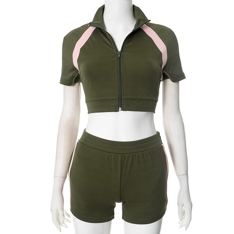 Women spring and summer Turndown Collar Zipper contrast color Top and sports shorts two-piece set 10