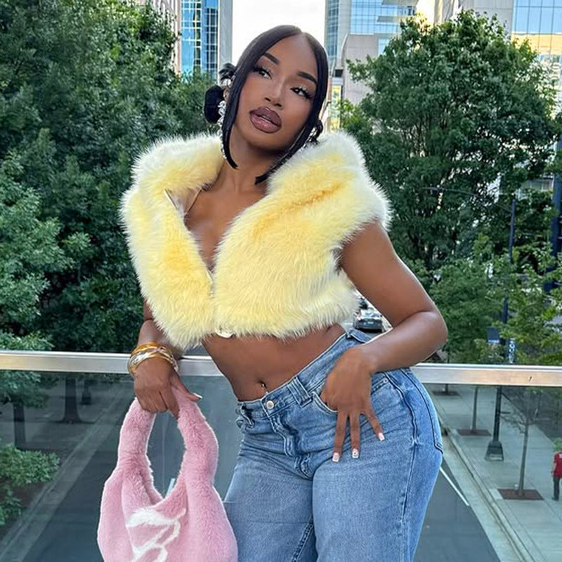 Women's Autumn Winter Solid Color Fur Zipper Hooded Sleeveless Cropped Top 6