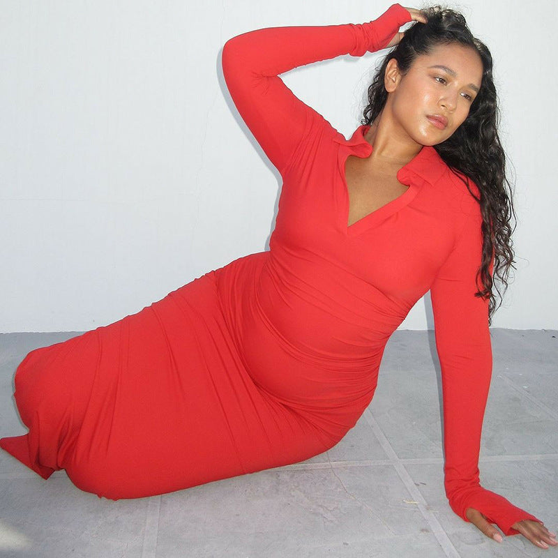 Women's autumn fashion sexy Turndown Collar long sleeve slim midi dress 7