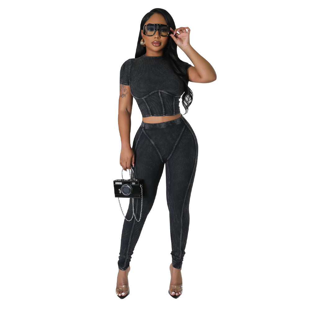 Solid Round Neck Tight Fitting Sexy Women's Sport Two Piece Pants Set 9