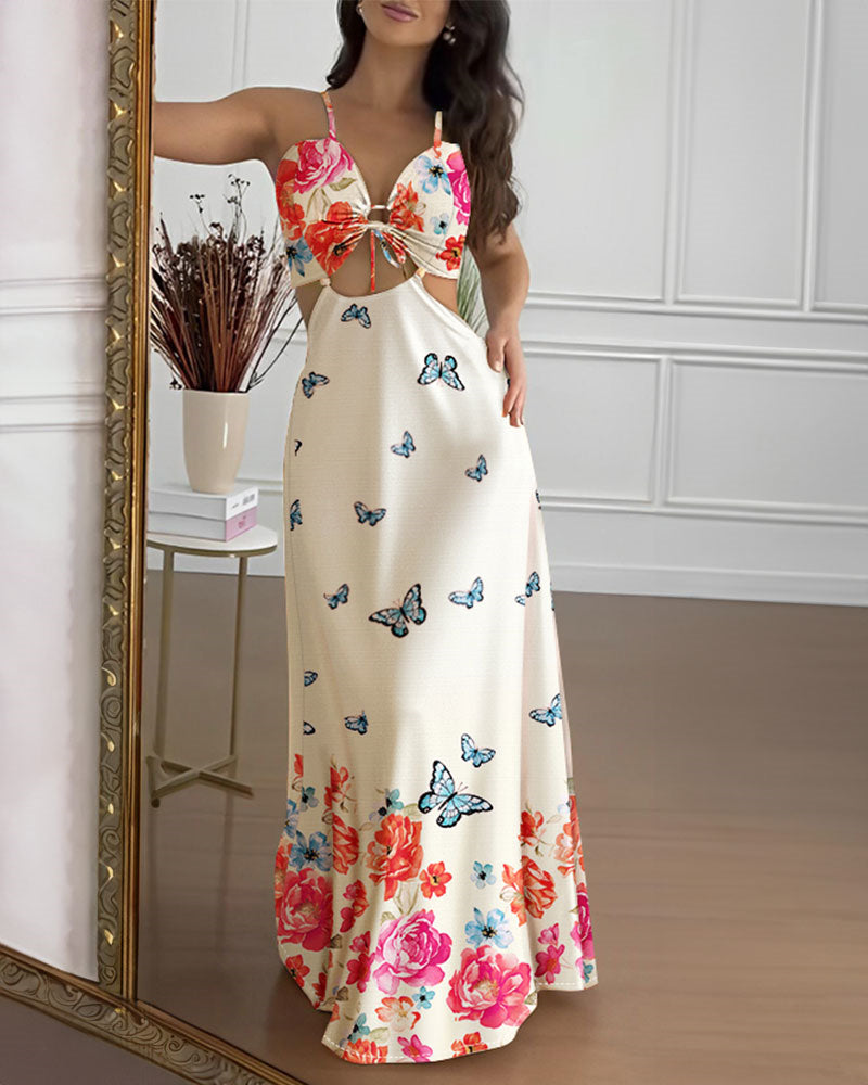 Floral Holiday Print Sexy Open Waist Strap Long Dress 7