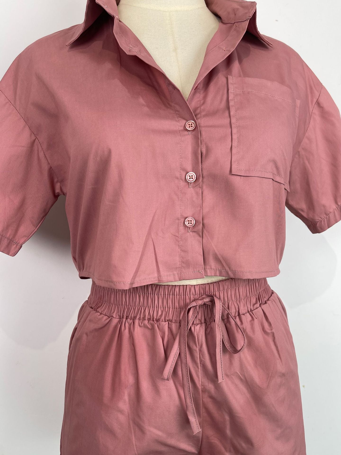 Ladies Short Sleeve Shirt Set Elastic Pocket Shorts Two-Piece Set 29