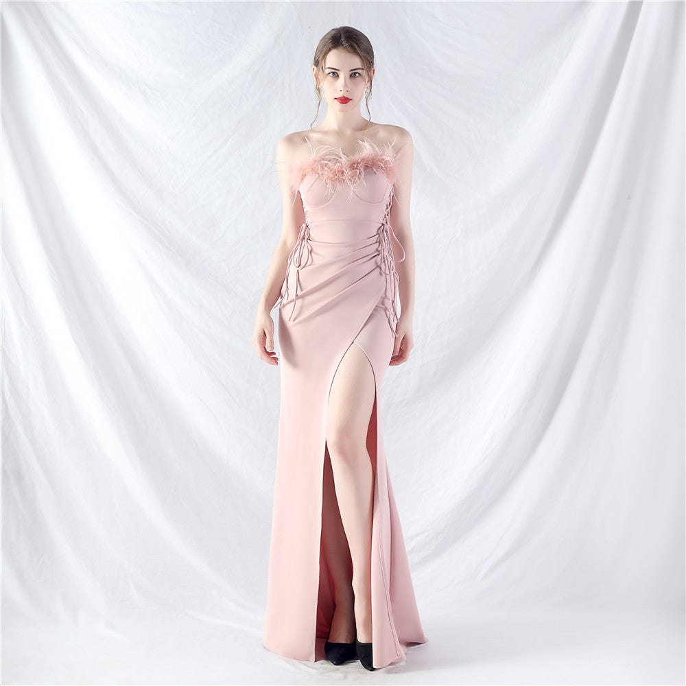 Feather Strap Slim Waist Solid Color Slit Evening Dress 6