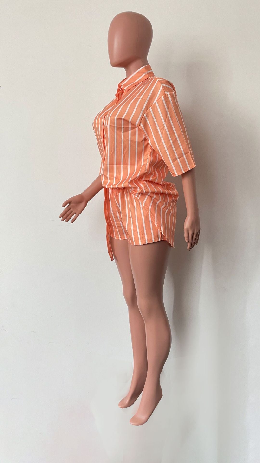 Women Casual Fashion Stripe Print Pocket Shirt and Shorts Two-Piece Set 10