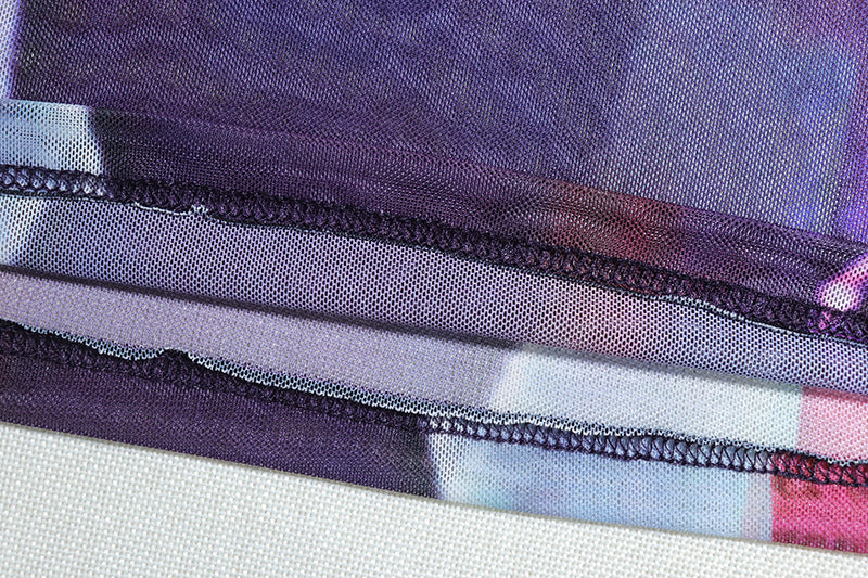 Sexy Printed  See-Through Mesh Round Neck Long Sleeve Top Slim Skirt Fashion Two Piece Women Set 6