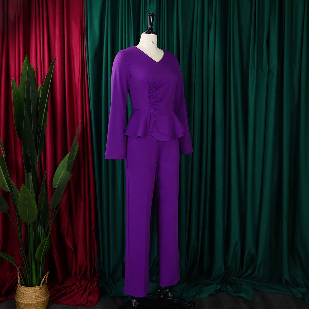 Autumn And Winter Fashion Ol Ruffled V-Neck Top And Pants Two-Piece Set 19