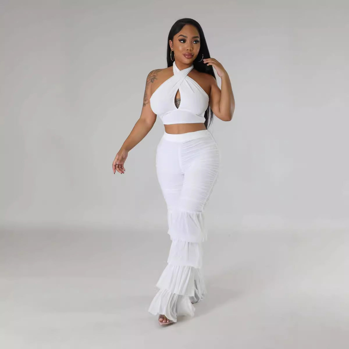 Women's Cross Halter Neck Solid Color Top Sexy Slim Mesh Tassel Pants Two Piece Set 7