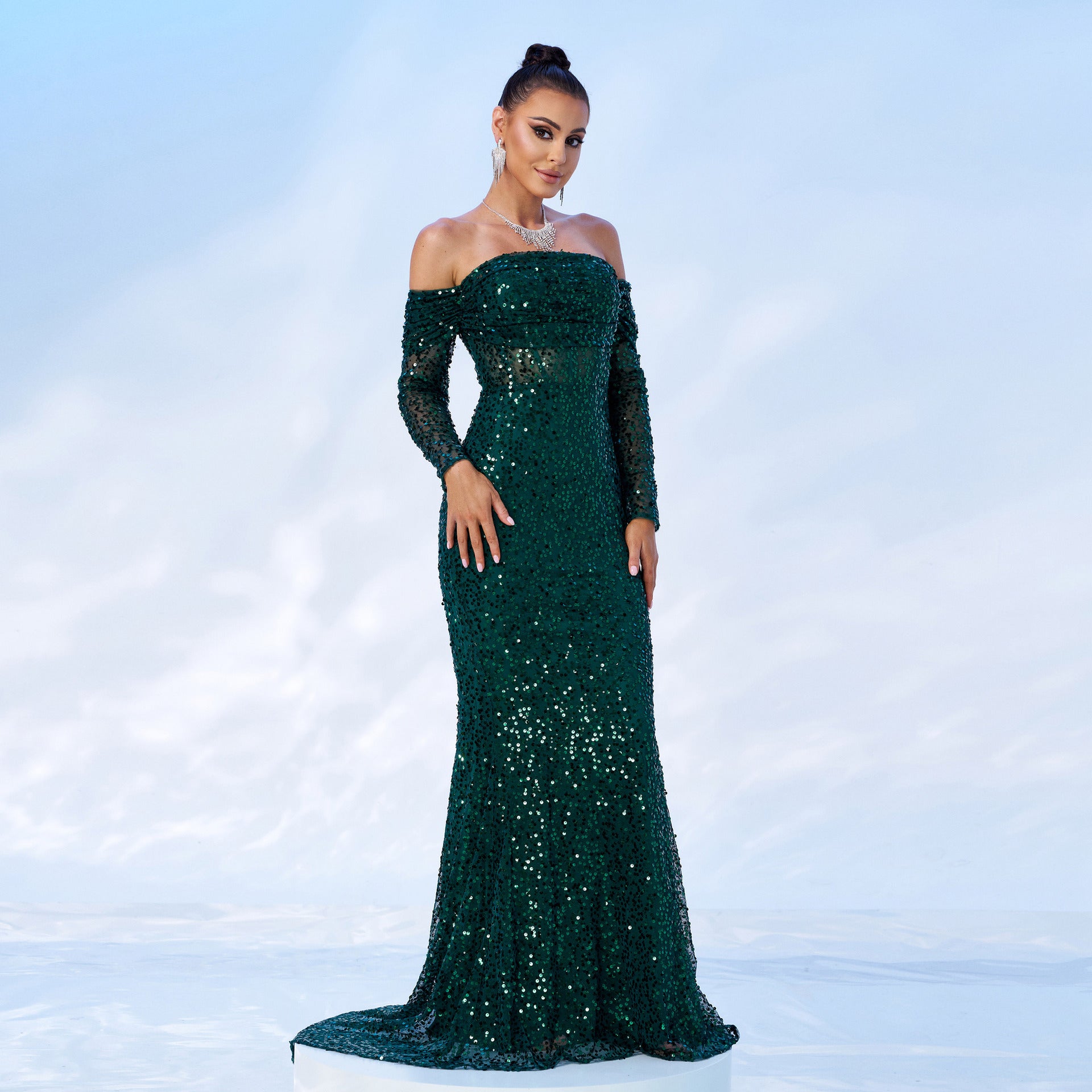 Women Off Shoulder Long Sleeve Sequin Formal Party Fishtail Evening Dress 7