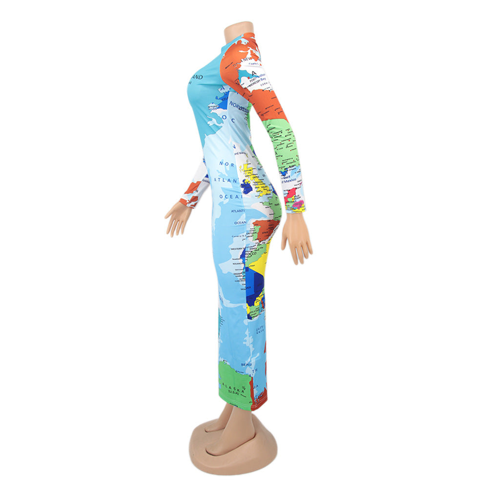 High Neck Long Sleeve Printed Long Dress Fashionable Women's Dress 16