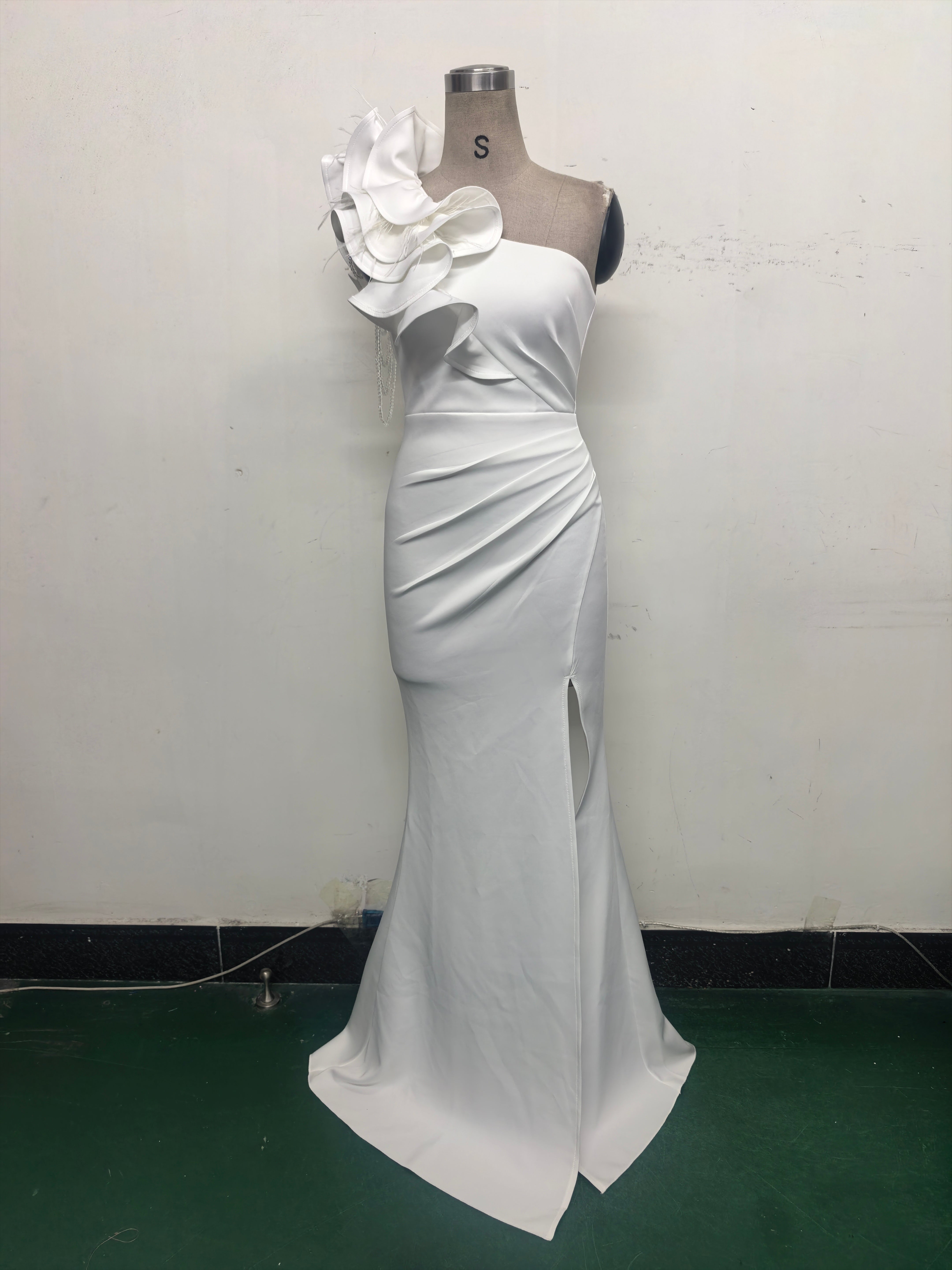 Women One-Shoulder Beaded Wool and Floral Satin Slit Sexy Evening Dress 15