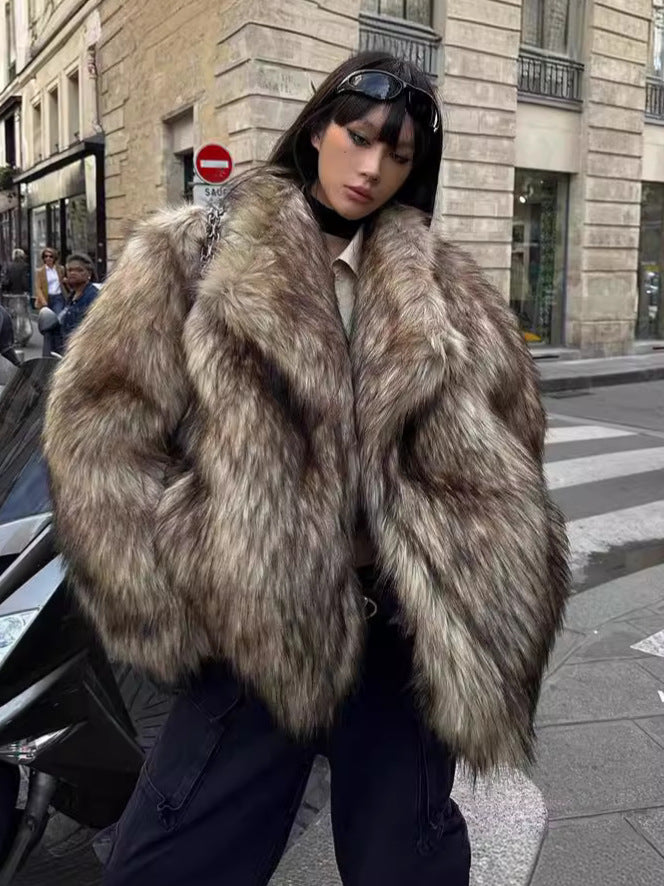 Women's Fur Coat Brown Turndown Collar Environmentally Warm Coat 6