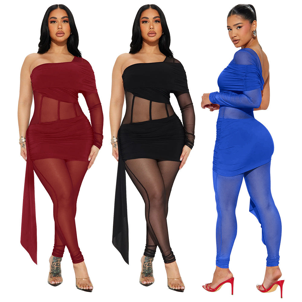 Fashion Slim Fit Sexy Solid Color Slim Waist One-Shoulder Long Sleeve Patchwork Jumpsuit 5