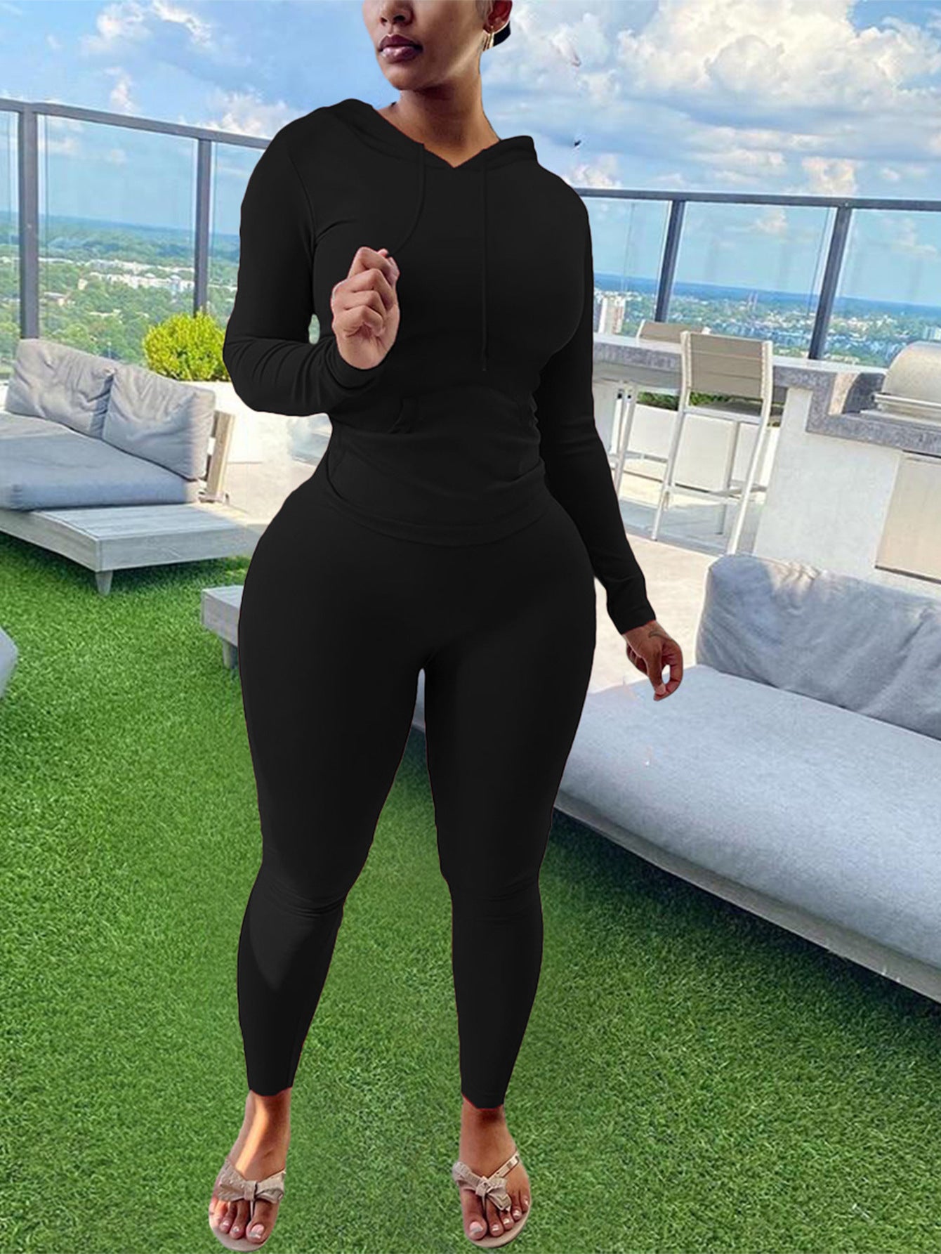 Women Casual Sports Long Sleeve Hooded Top and Pants Solid Two-Piece Set 4