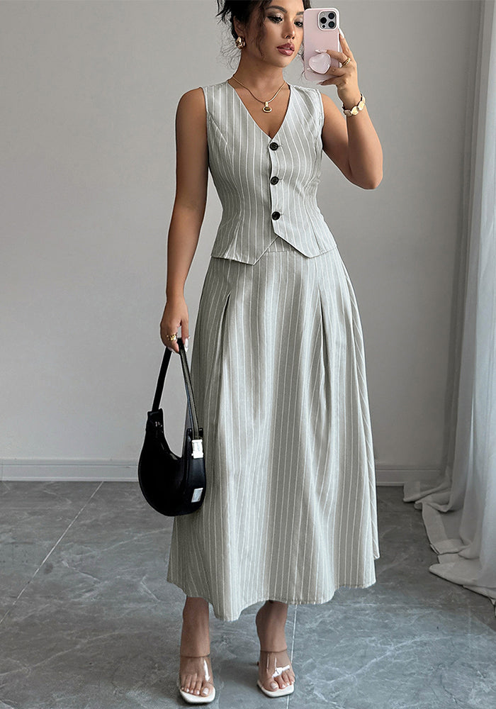 Chic Vest & Skirt Striped Two-Piece Set