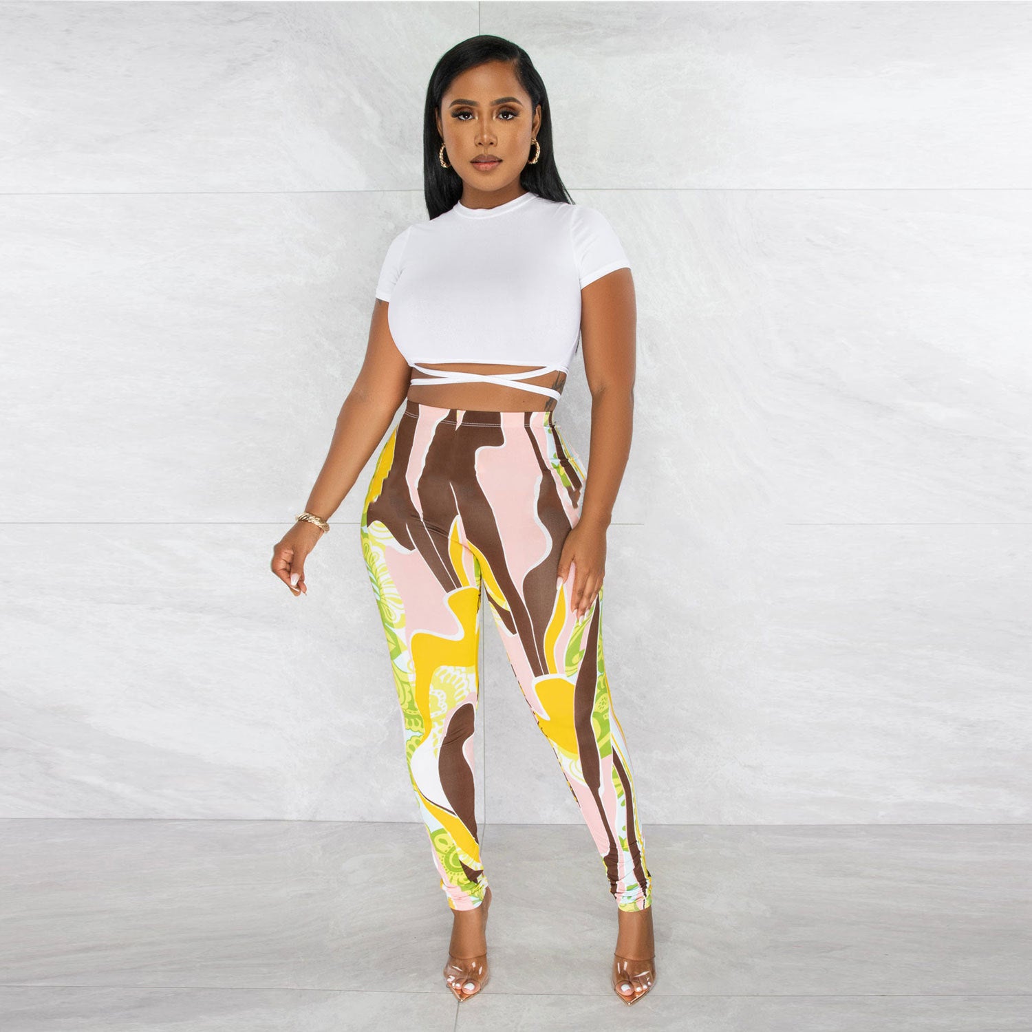 Women Sexy Short Sleeve Top+ Printed Trousers Two-piece Set 4
