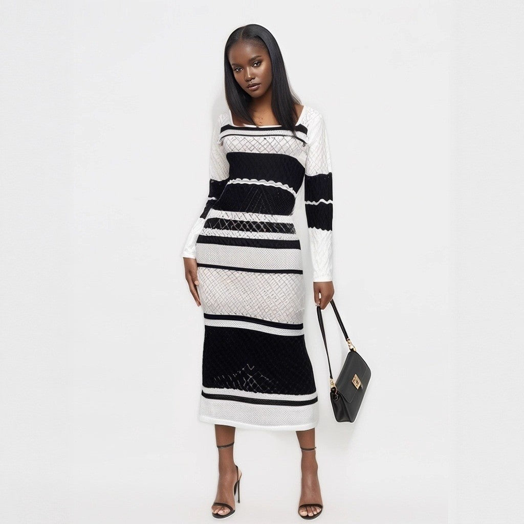 Autumn Multi-Color U-Neck Sexy Cut-Out Long-Sleeve Knit Long Dress