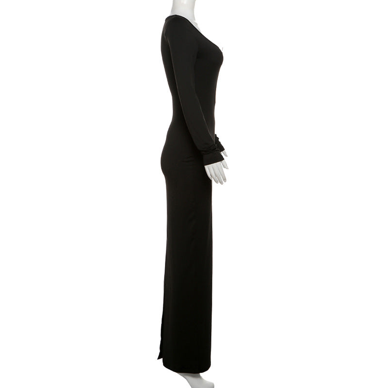 Autumn Winter Women's Clothing Mesh Patchwork V-Neck Split Long-Sleeved Slim Bodycon Dress 8