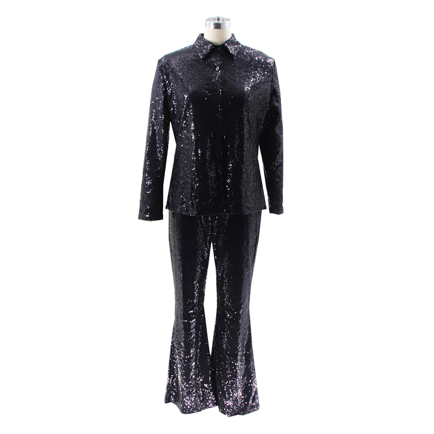Fashionable and Sexy Casual Slim Turndown Collar Sequin Two Piece Pants set 12