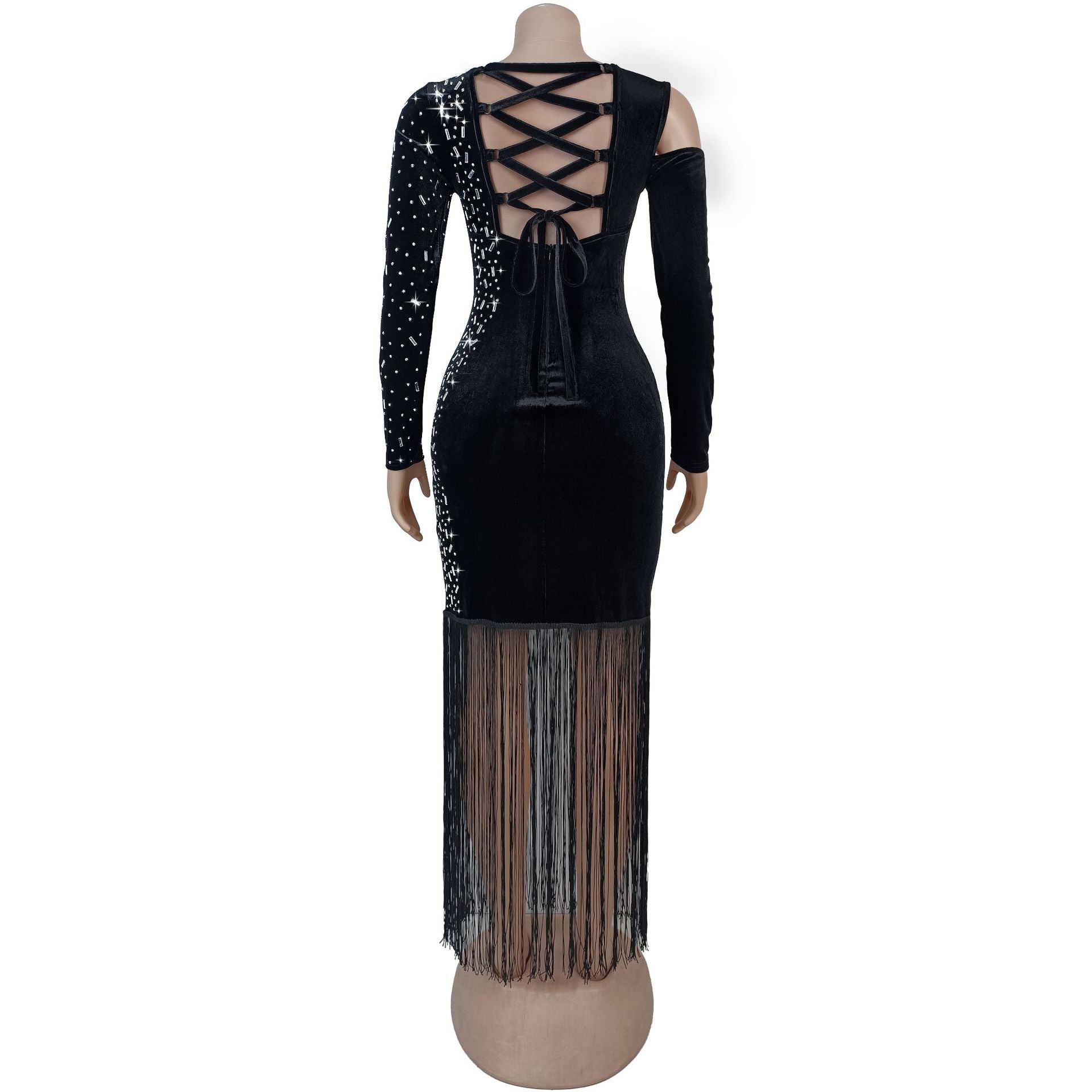 Fashion Women's Sexy Beaded Fringe Long-Sleeve Bodycon Dress 6