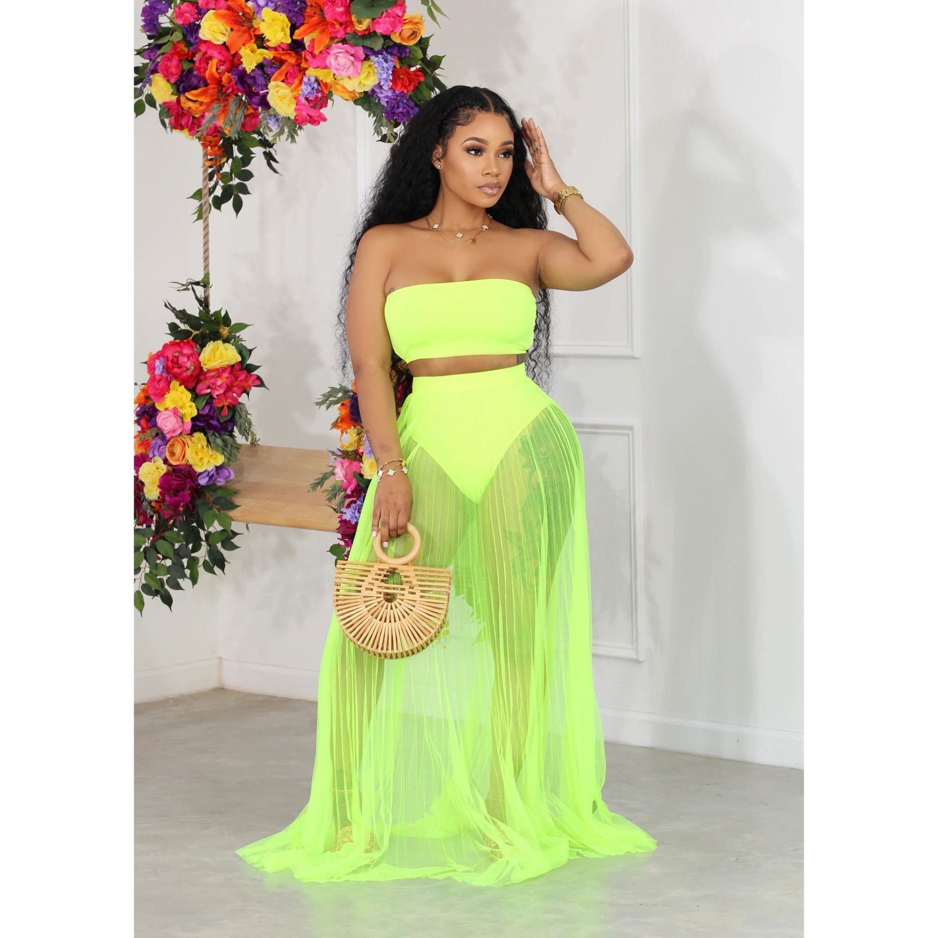 Women's mesh bandeau top + maxi skirt set 3