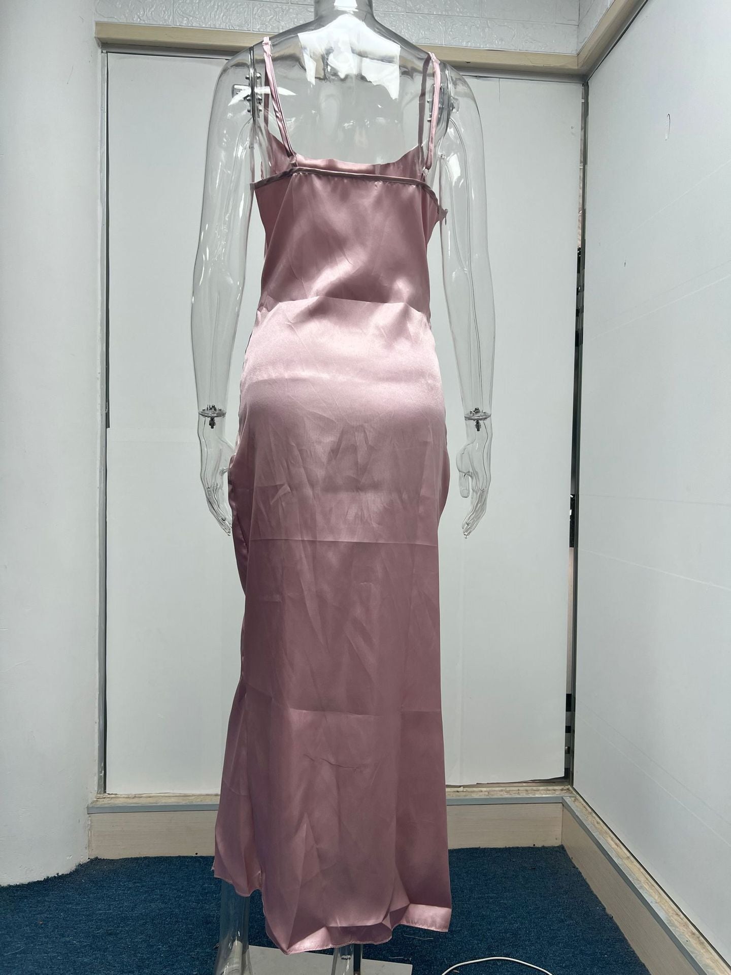 Sexy Low Cut Satin Slit Strap Dress Slim Fit Low Back Maxi Dress 23