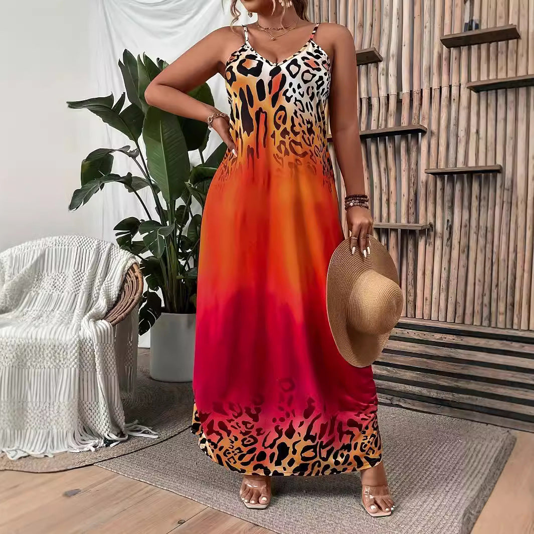 Women African summer knitting leopard print Strap Dress