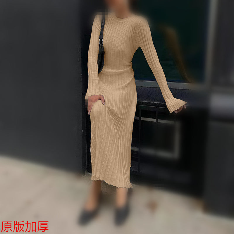 Autumn And Winter Casual Slim Waist V-Neck Wide Ribbed Slim Fit Knitting Long Dress For Women 5
