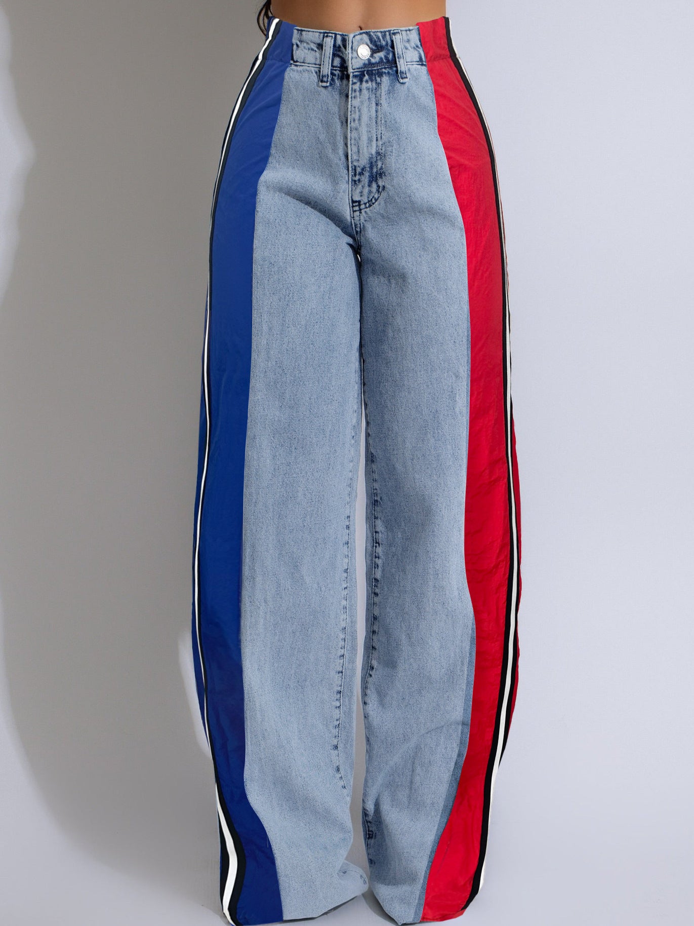 Women's Fashion Patchwork Striped Contrast Denim Pants Casual Straight Pants