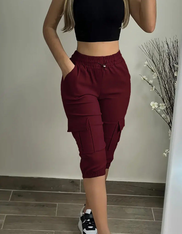 Women elastic waist pocket Cargo shorts 7