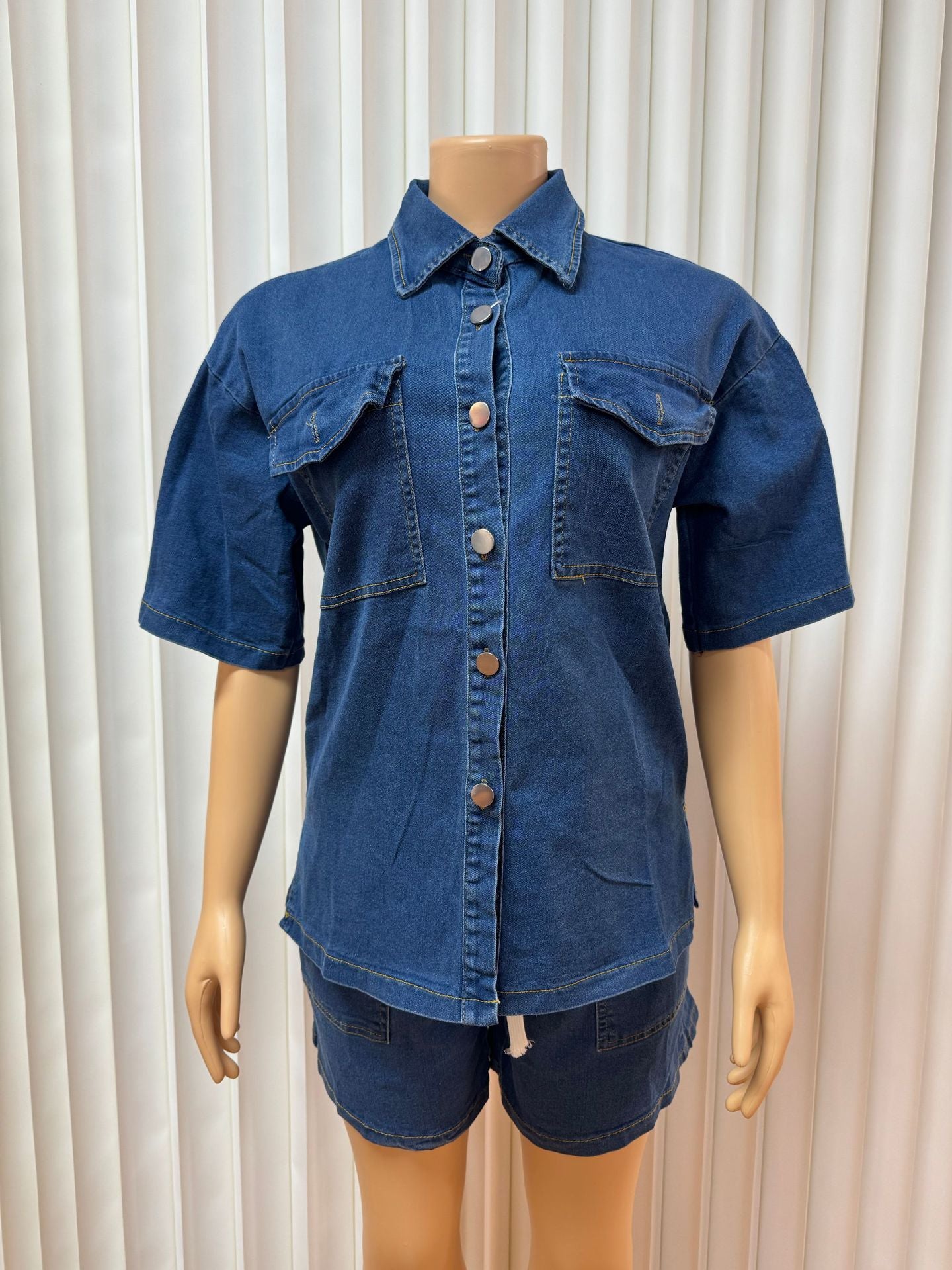 Women Denim Pocket Button Short Sleeve Top and Shorts Two-Piece Set 4