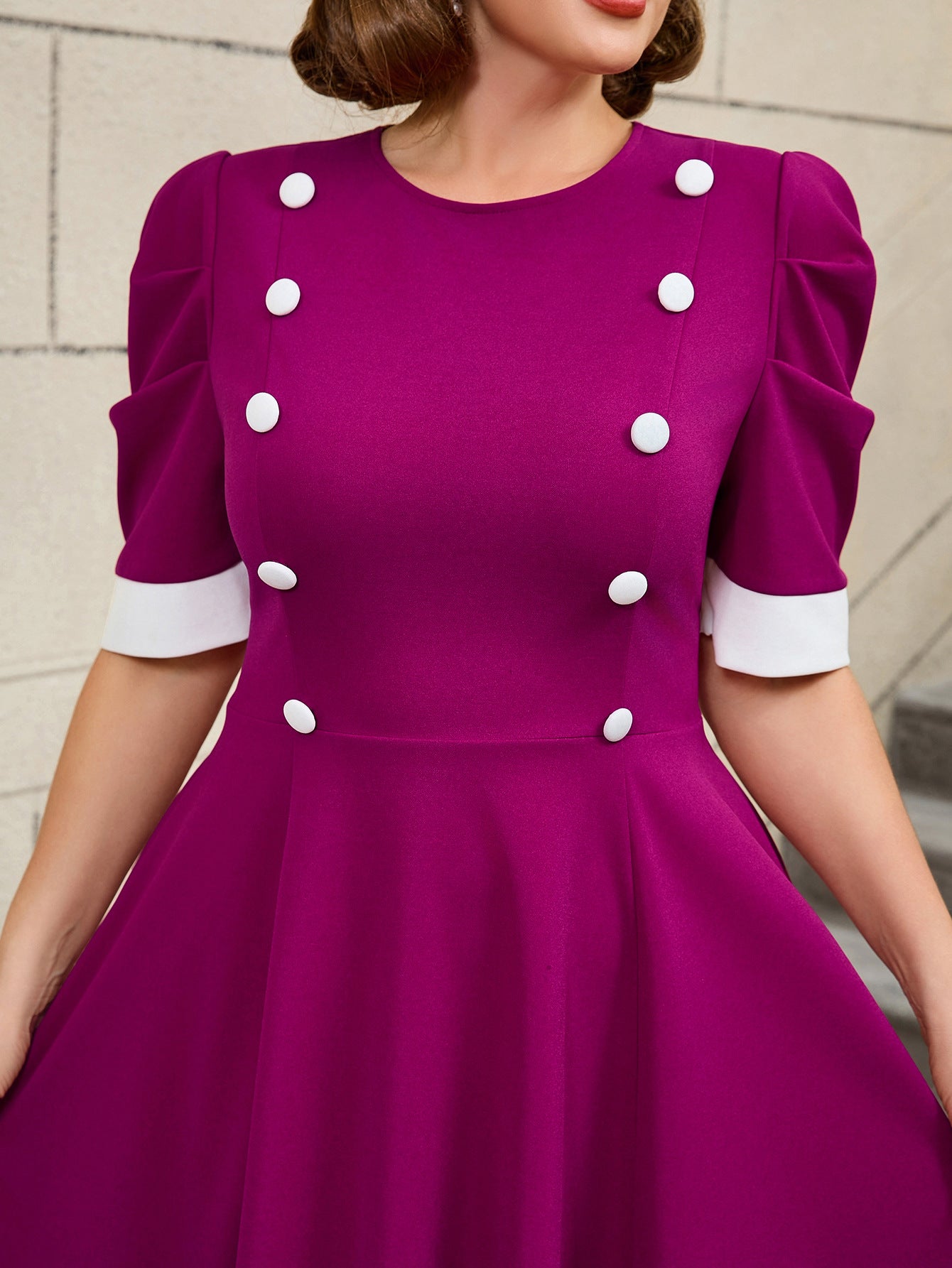 Plus Size Contrast Color Round-Neck Short-Sleeve Elegant Party Cocktail A-Line Dress 10