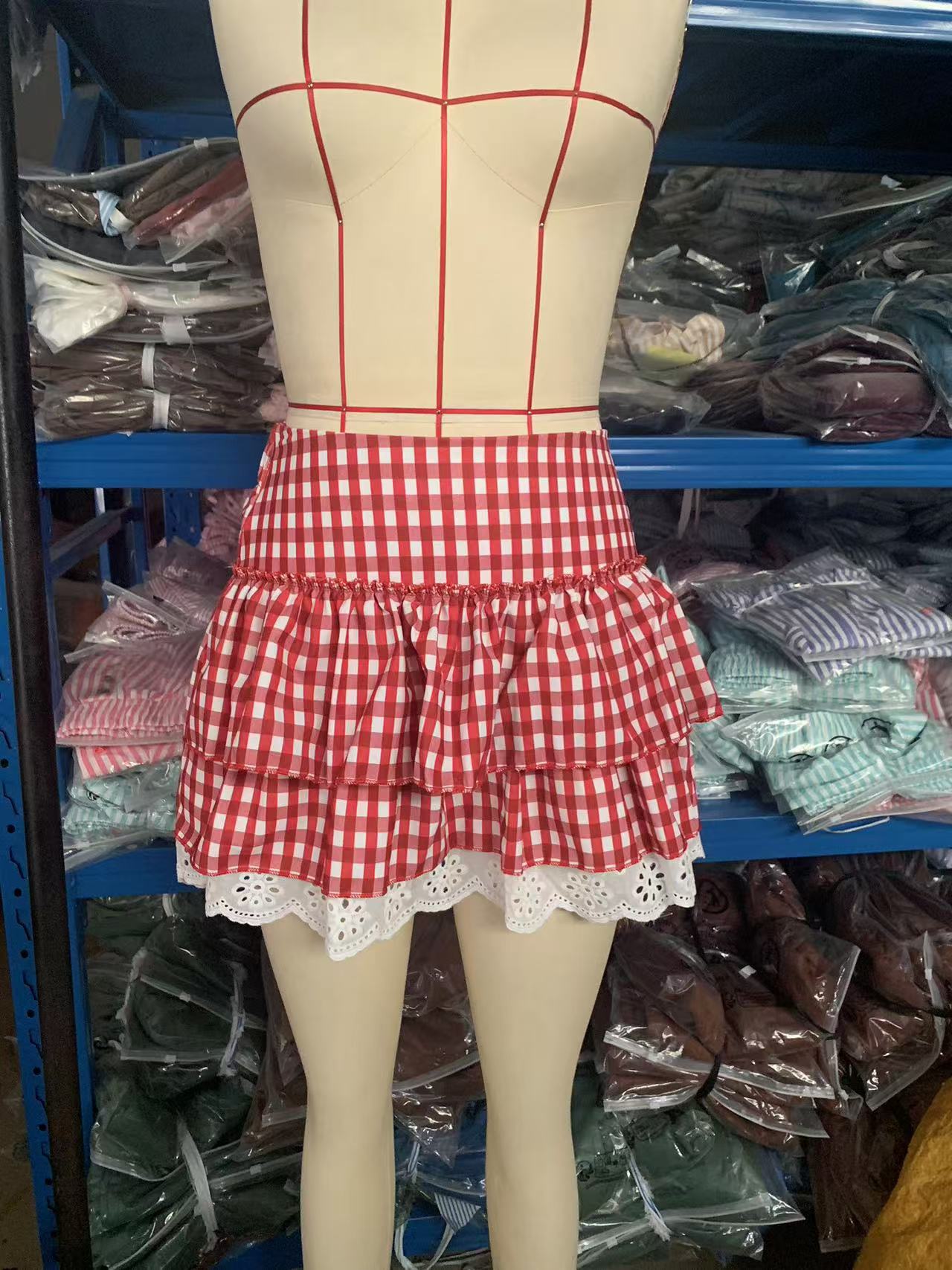 Spring Women's Fashion Y2K Sexy Plaid Lace Layer Two Piece Skirt Set 8