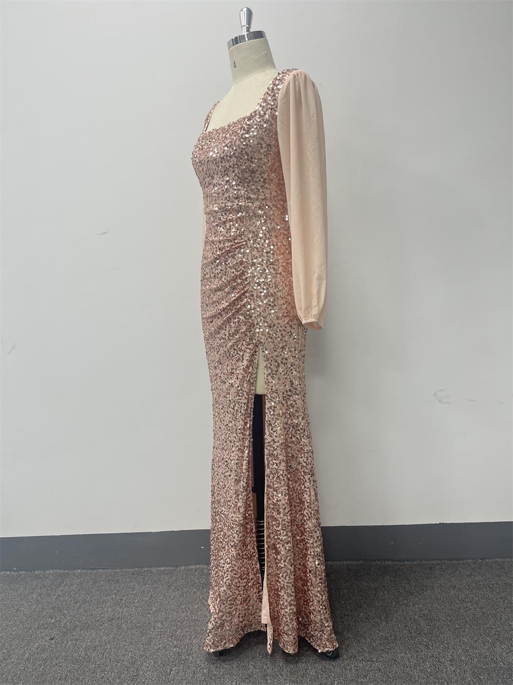 Women's  Sexy U-Neck Long Sleeve Shiny Evening Dress Chiffon Patchwork High Slit Pleated Long Dress 11