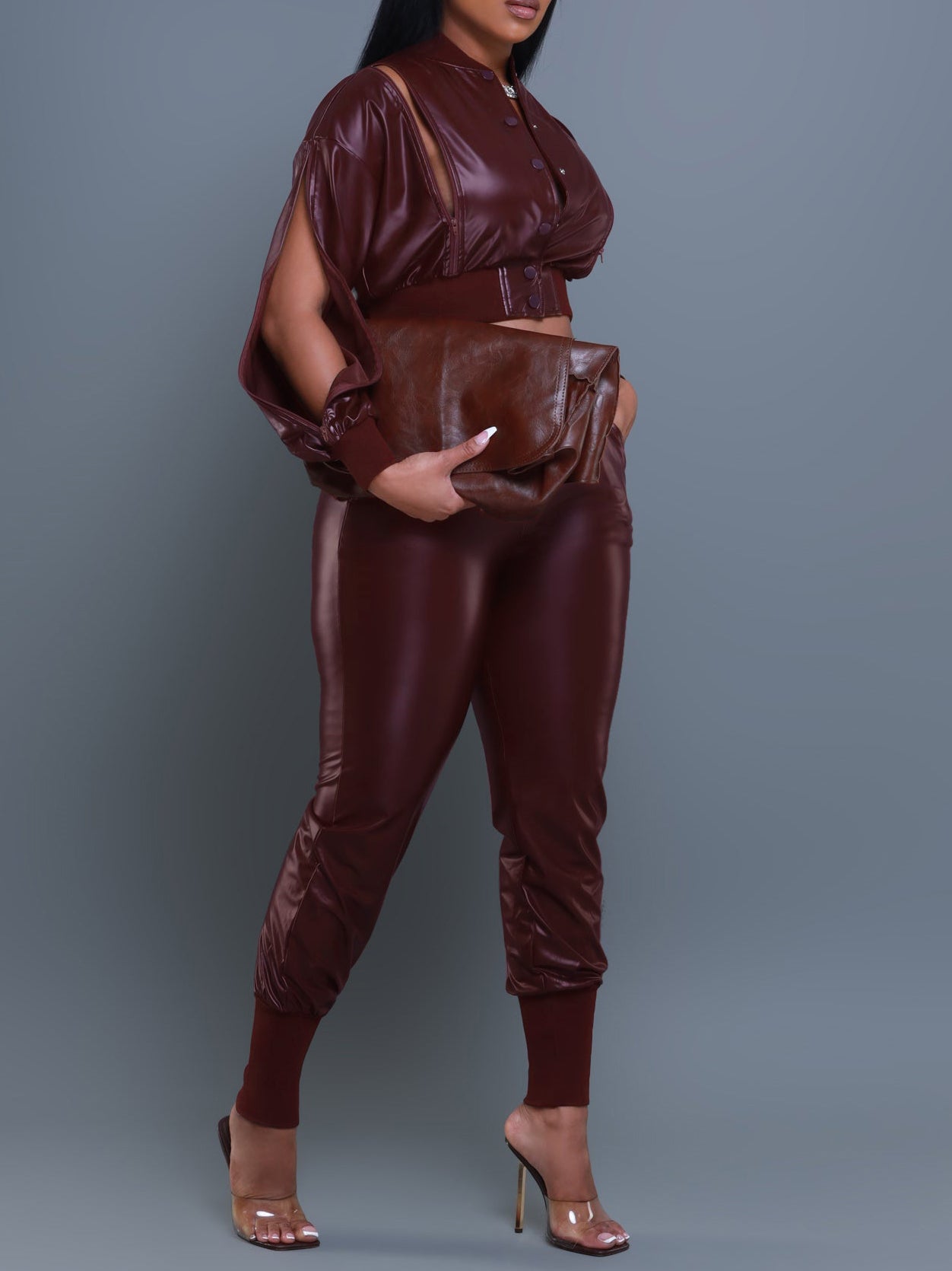 Women's Autumn Winter Pu Leather Zipper Jacket Pants Two-Piece Set 24