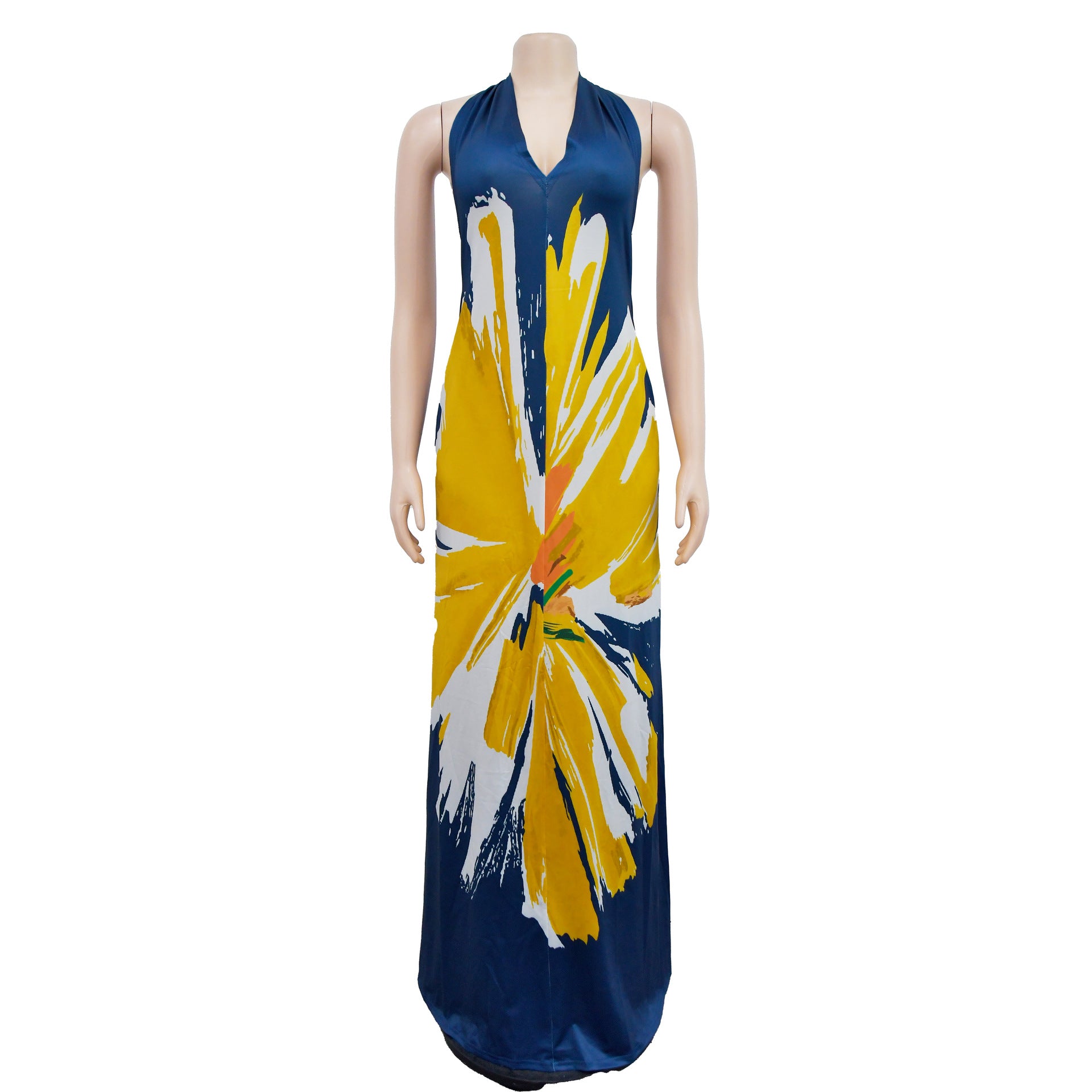 Women's Fashion Low Back Halter Neck Gown Print Maxi Dress 11