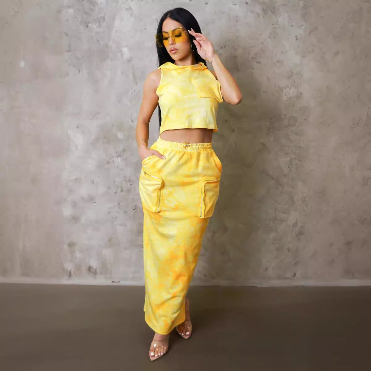 Sexy Loose Printed Hooded Sleeveless Tank Top Cargo Pocket Slit Skirt Set 6