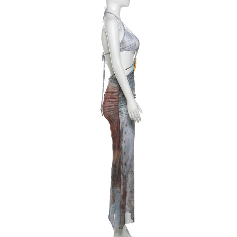 Women Summer V Neck Sexy Halter Neck Lace-Up Backless Dress 6