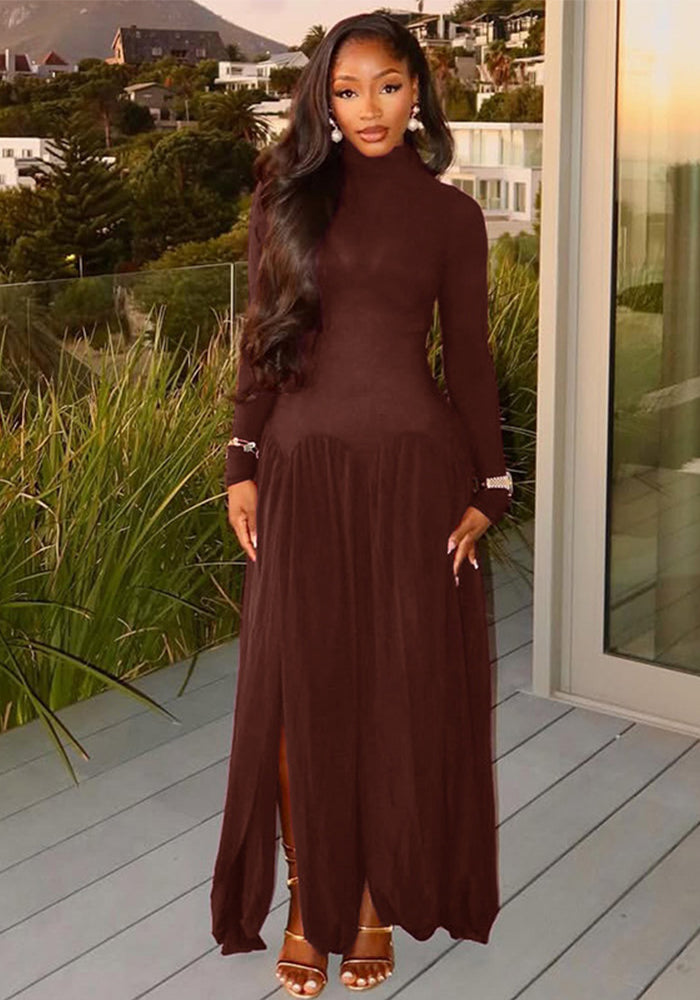 Women Slash Solid Pleated Elegant Turtleneck Long Sleeve Bodycon Dress