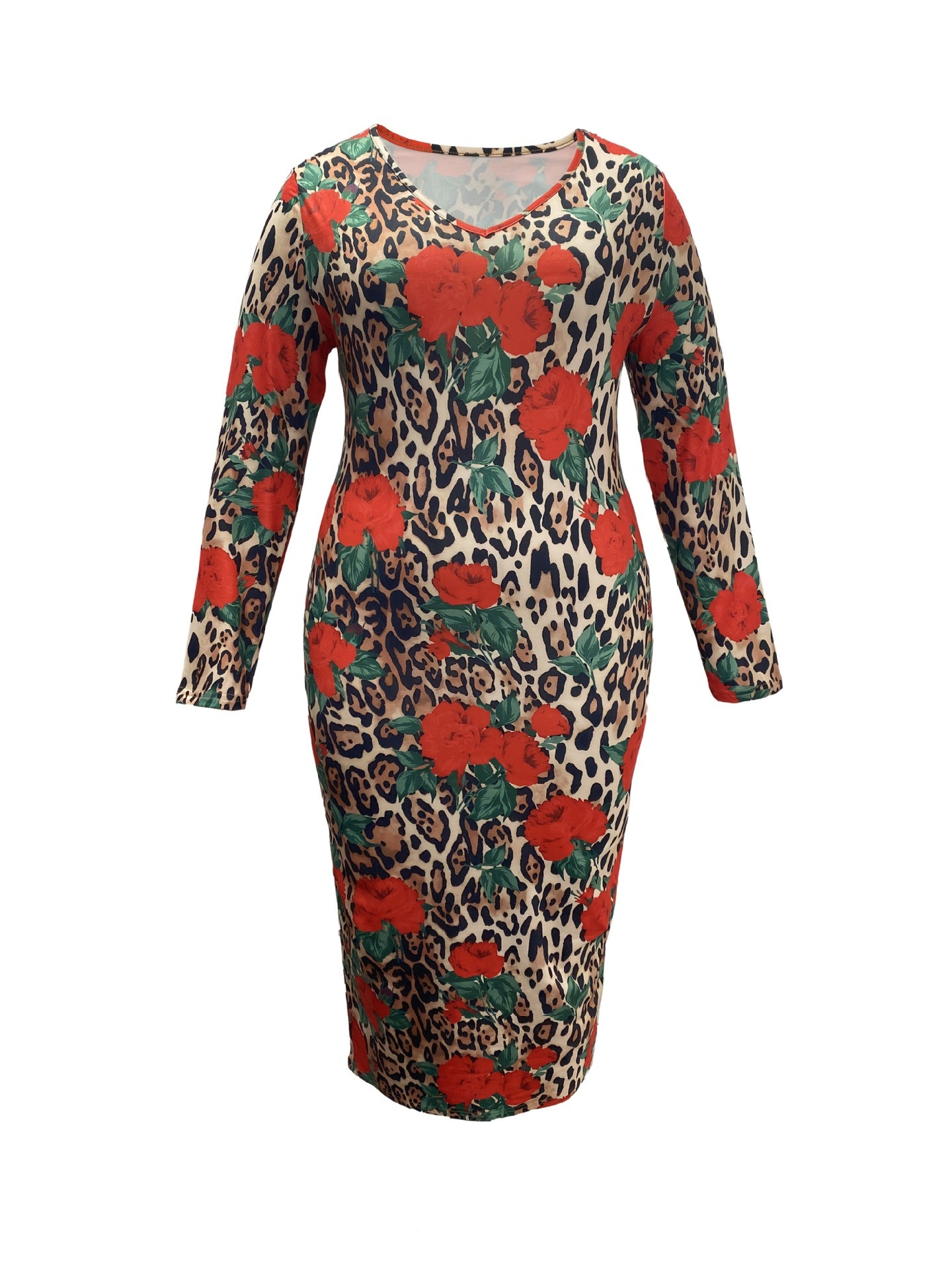 Women Printed V-Neck Long Sleeve Sexy Bodycon Dress 12