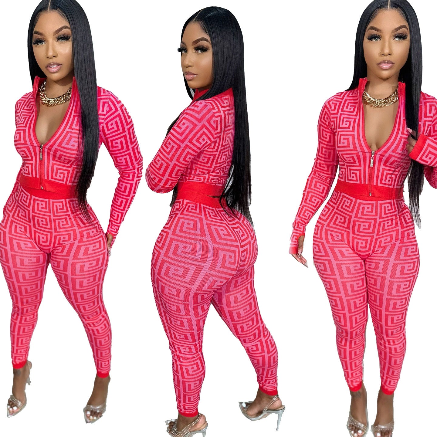 Women Sexy Printed Stretch Long Sleeve Top and Pant Two-piece Set 7