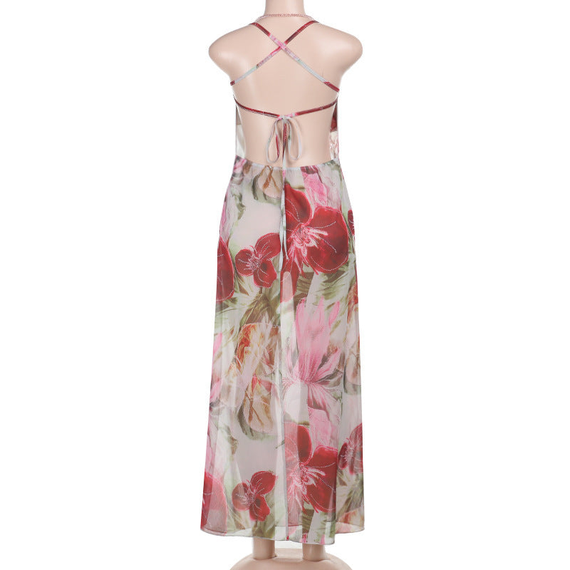 Women See-Through Print Holidays Summer Sexy Slit Dress 8