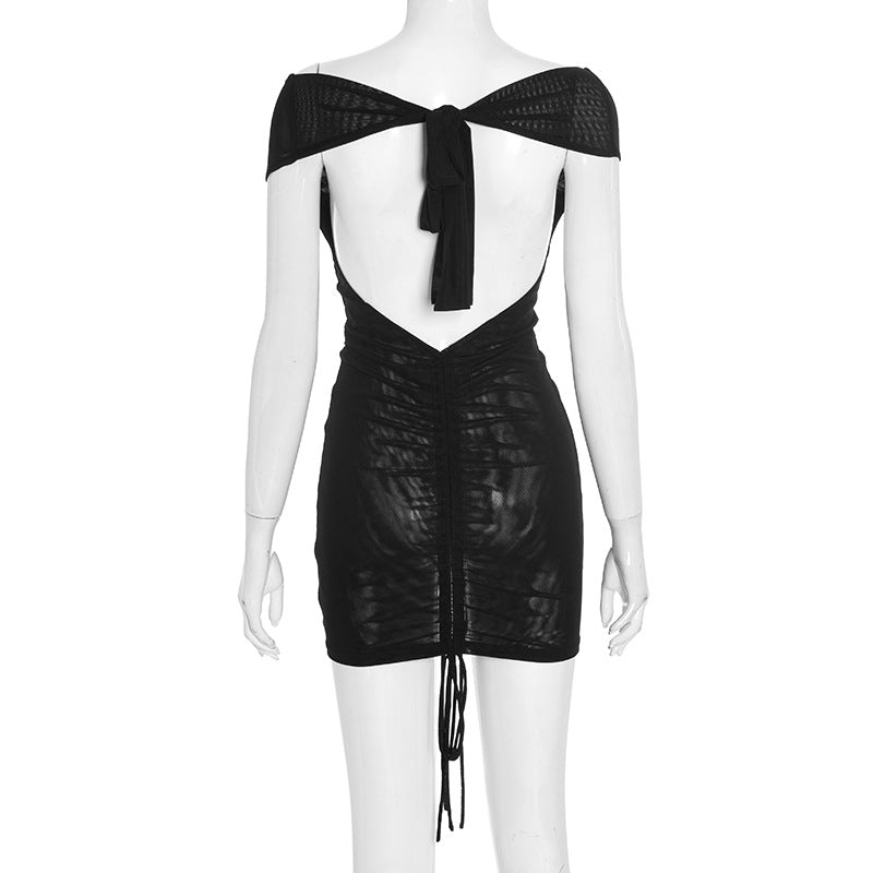 Women's Autumn Solid Color Sexy Off-Shoulder Short Sleeve Low Back Lace-Up Pleated Short Dress 11