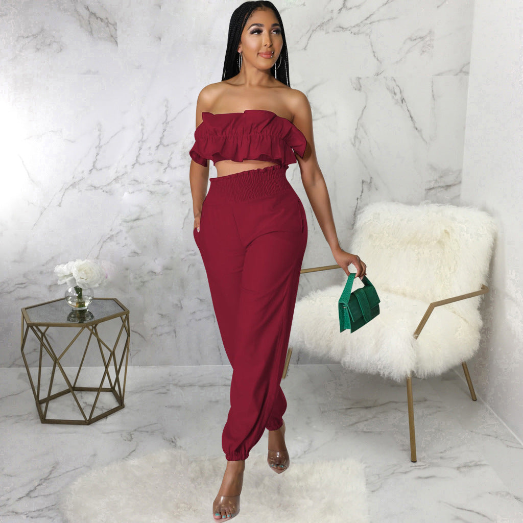 Sexy Fashion Elastic Solid Color Strapless Two-Piece Pants Set 7