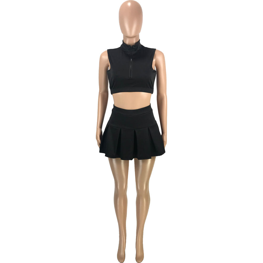 Solid Vest Pleated Skirt Sexy Casual Set 34