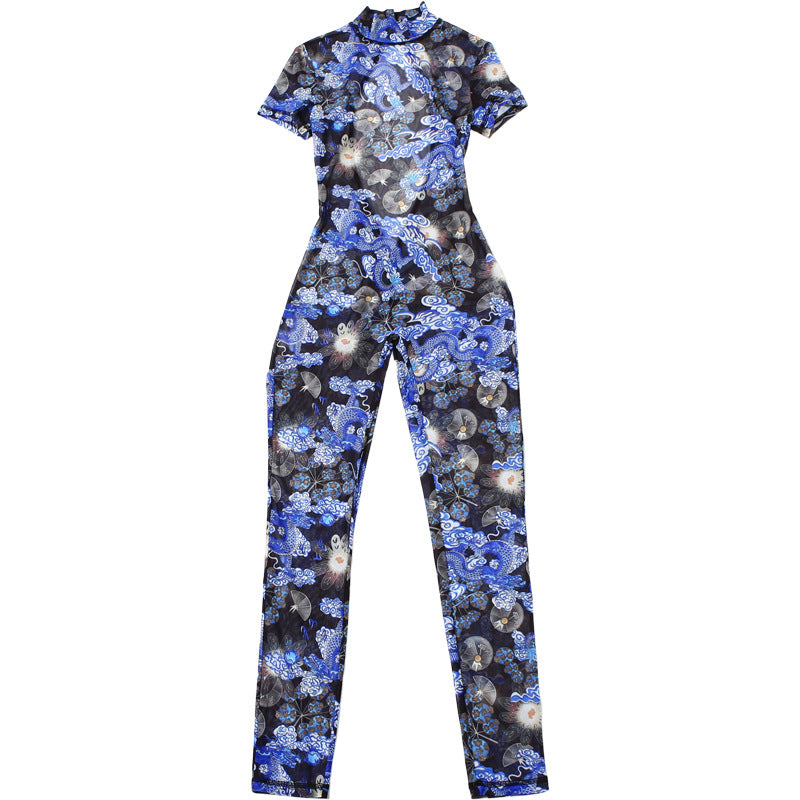Women Summer Street Trend Mesh See-Through Print Backless Jumpsuit 19