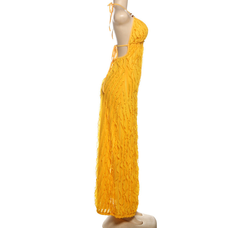 Women Summer Sexy Halter Neck Pleated V Neck Backless Lace-Up Dress 6