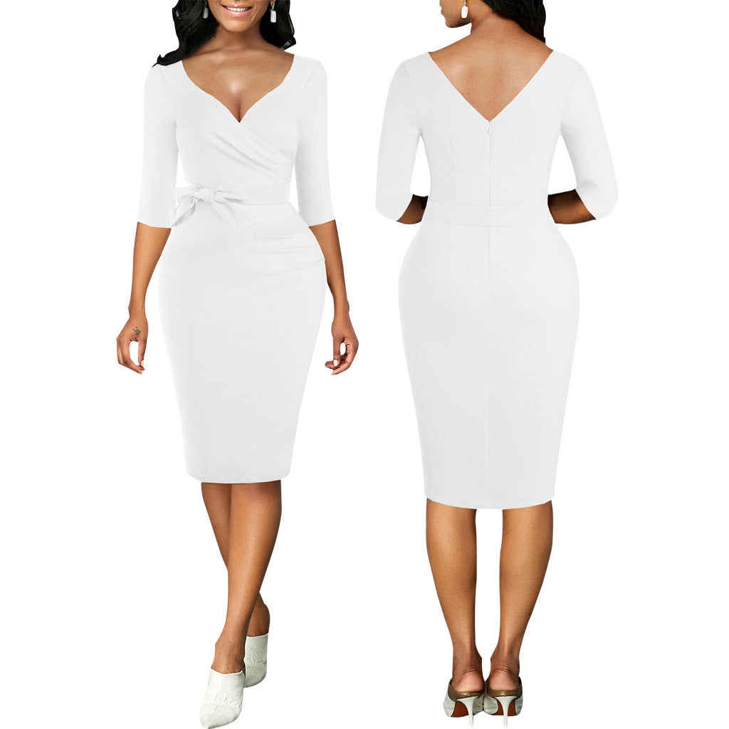 Women Sexy Solid Lace-Up V-Neck Mid Sleeve Dress 9