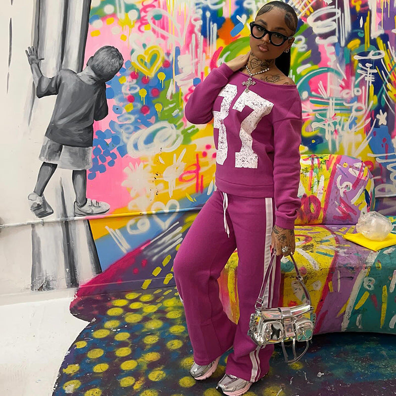 Women Fall/Winter Digital Print Off Shoulder Top and Pants Two Piece Set 4